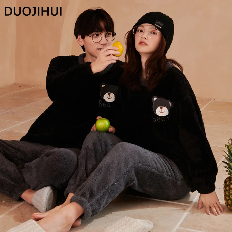 DUOJIHUI Sweet Two Piece Cute Printed Female Pajamas Set New Classic O-neck Pullover Loose Pant Simple Casual Pajamas for Women