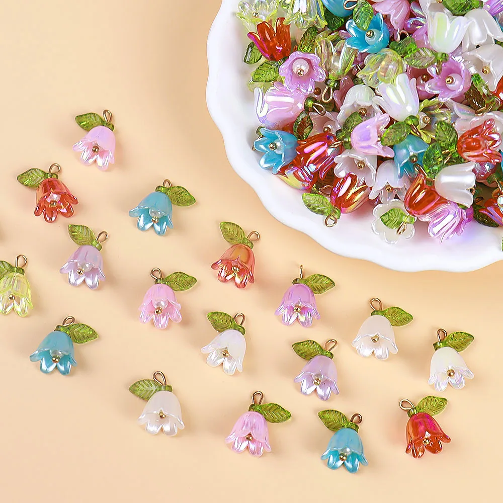 10pcs/lot 11x15mm Acrylic Lily of the Valley Flower Bud Charms Colorful Flower Charms for DIY Making Jewelry Accessories ﻿