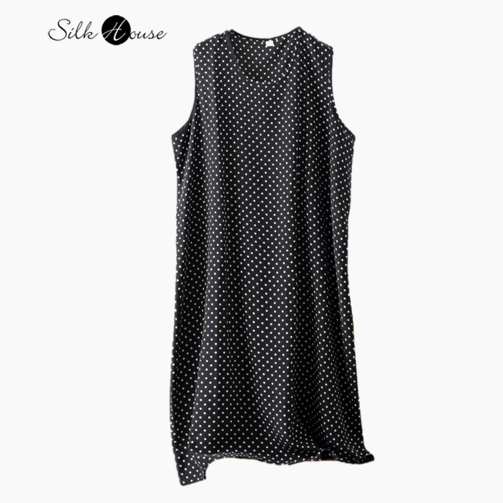 

Plus Size 2026 Spring/Summer Women's Clothing 100% Natural Mulberry Silk Crepe De Chine Round Neck Classic Polka Dot Vest Dress