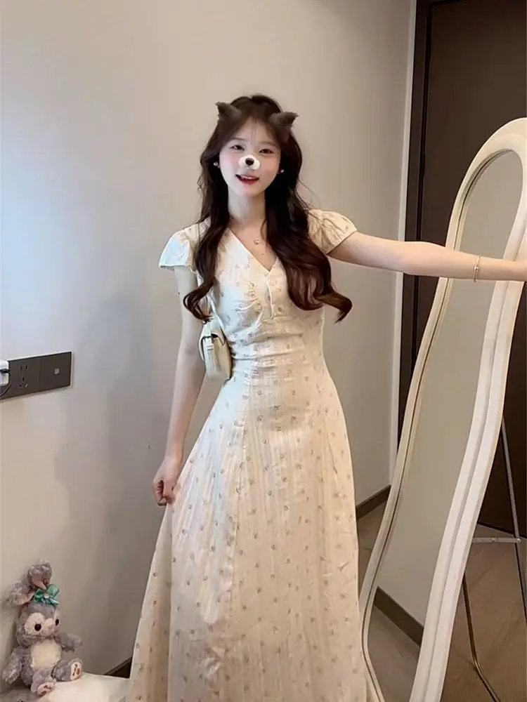 

Broken Flower 2025 Summer Dress New French Waist Cinching Temperament Sweet Beauty Mid Length Skirt