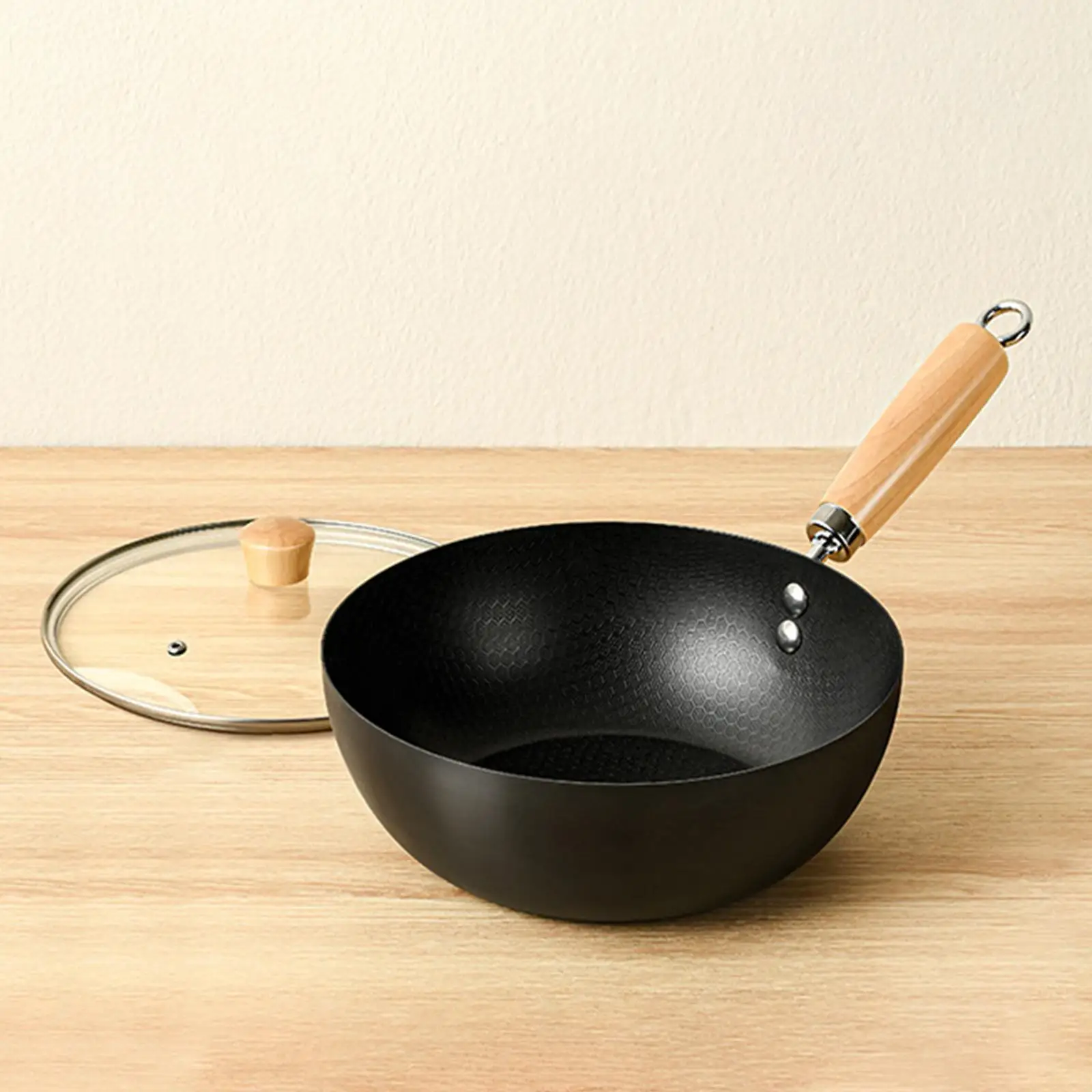 Iron Wok Fry Pan with Wood Handle Nonstick Bottom Sturdy Stovetop Cookware for High Heat Chinese Stir