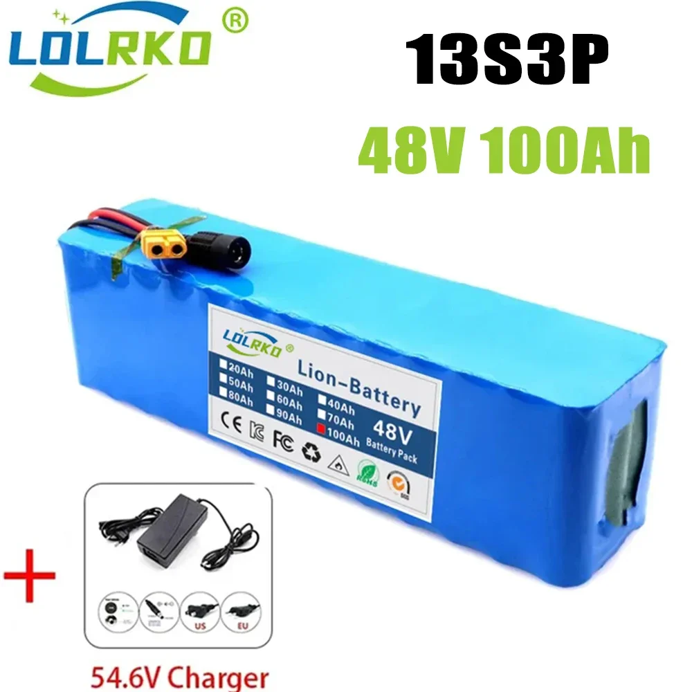 New 48v lithium battery 100000mAh 1000w 13S3P Li ion Battery Pack For 54.6v 750W 1000W BAFANG Kit built-in 20A BMS With Charger