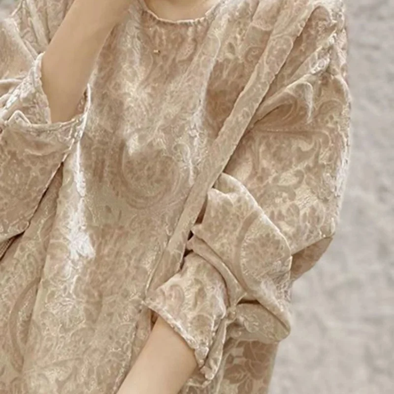 Camicetta Jacquart con o-collo kaki moda coreana donna primavera autunno nuova camicia da donna di fascia alta a maniche lunghe allentata