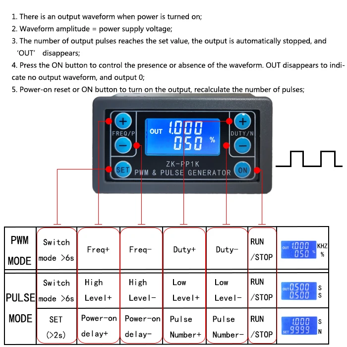 Imagem -03 - Dual Mode Signal Generator Lcd Pwm 1-channel 1hz150khz Frequência de Pulso Pwm Duty Cycle Ajustável Gerador de Onda Quadrada Zk-pp1k