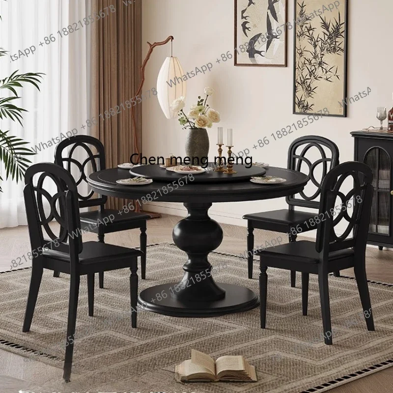 

French Retro Round Dining Table and Chair Set for Living Room, Black with Turntable, Small Apartment