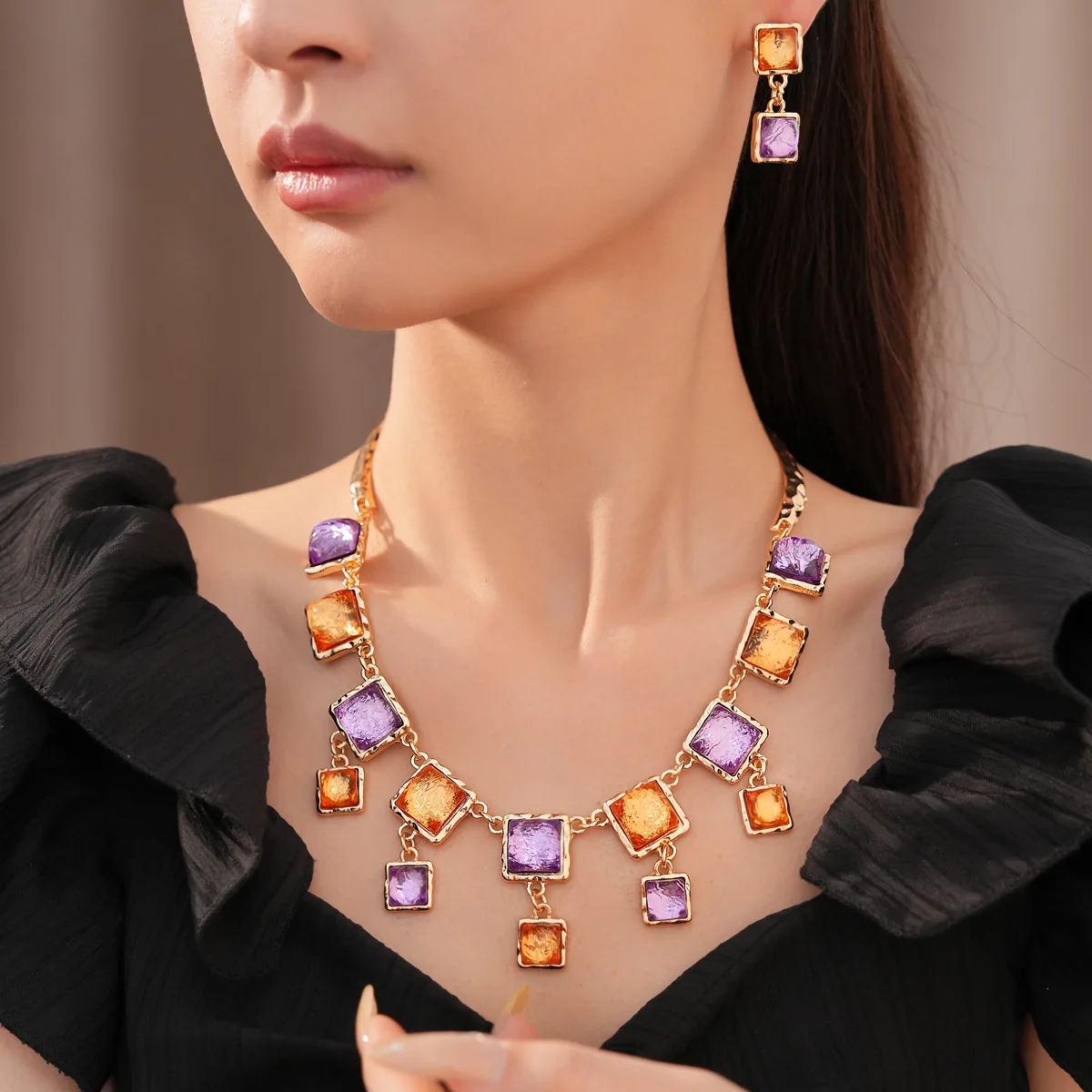 DOO MEI Vintage Square Resin Gem Jewelry Set for Women Colorful Purple Orange Earrings Evening Wedding Banquet Statement Jewelry