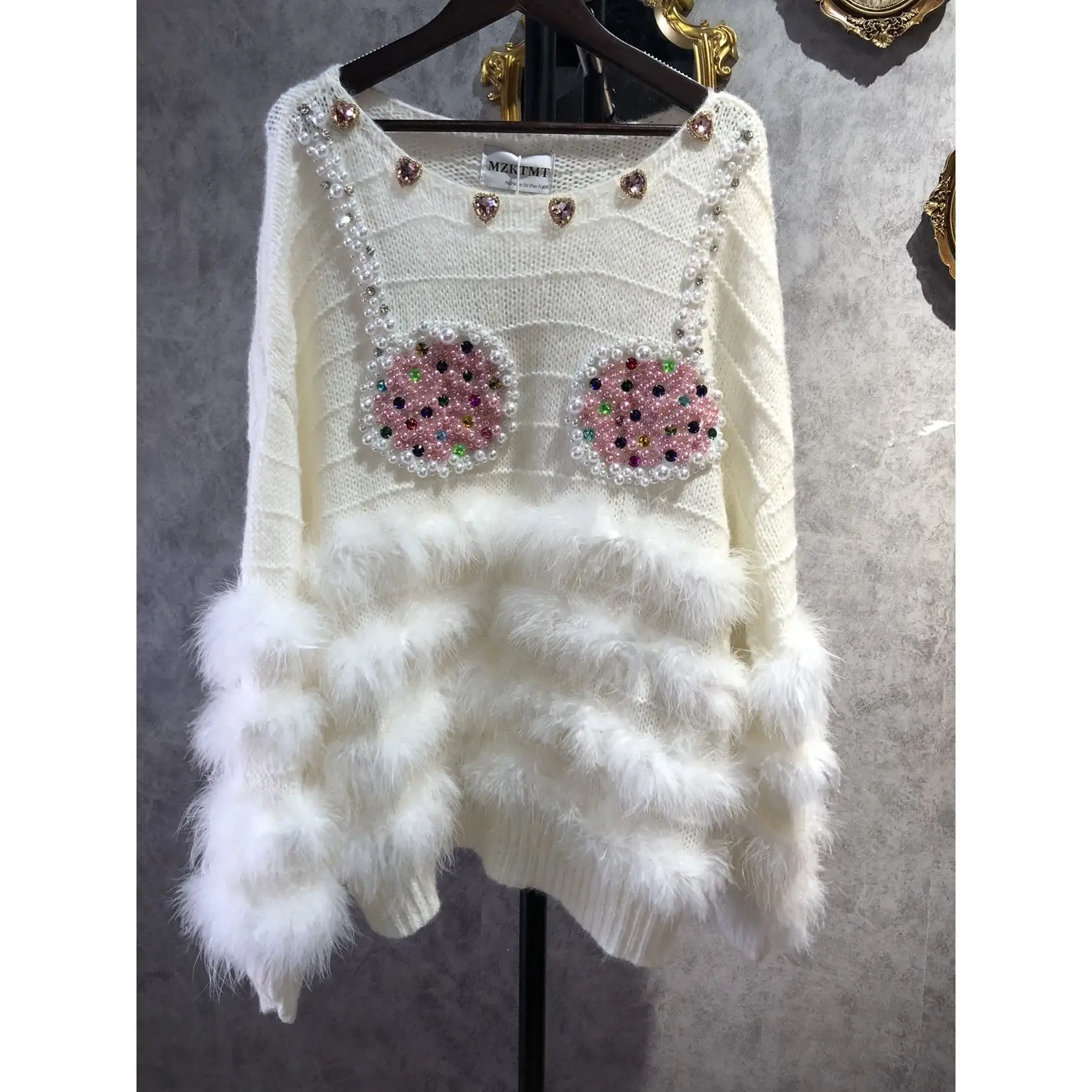 

Chic Autumn Winter Faux Ostrich Fur Striped Rhinestones Pullovers Pearls Diamonds Beaded Sweater Crysral Knitwear Crop Tops