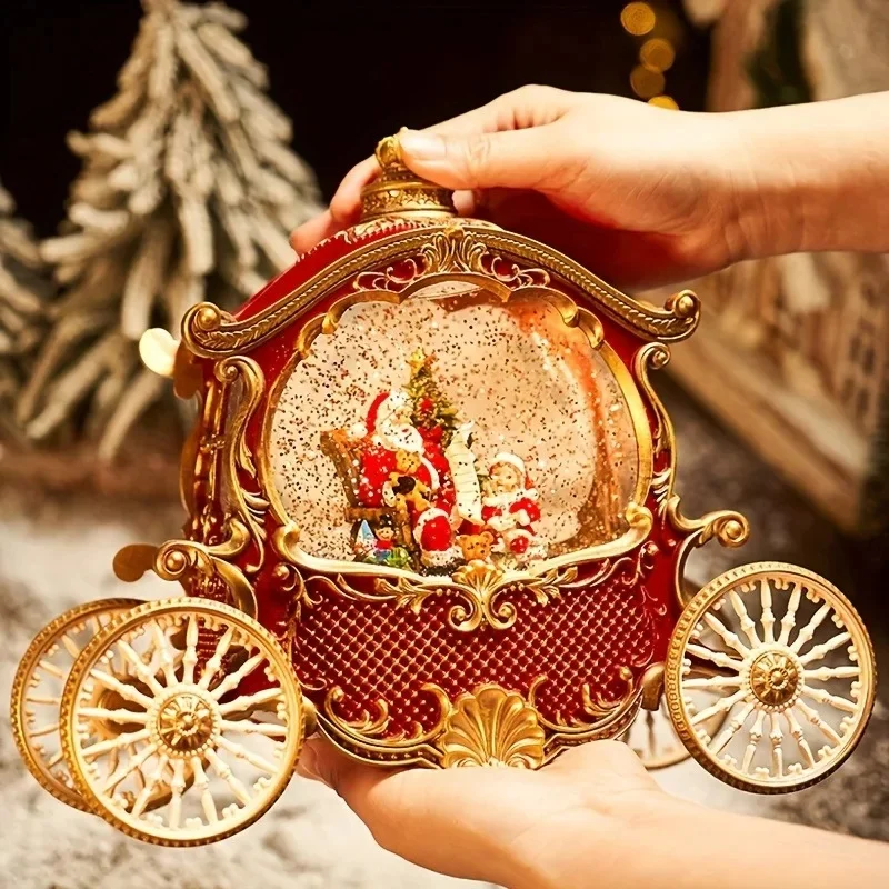 2027 HOT Vintage Santa Claus Carriage Music Box Christma Decoration Music Bell Crystal Ball Light Table Ornaments Xmas Kids Gift