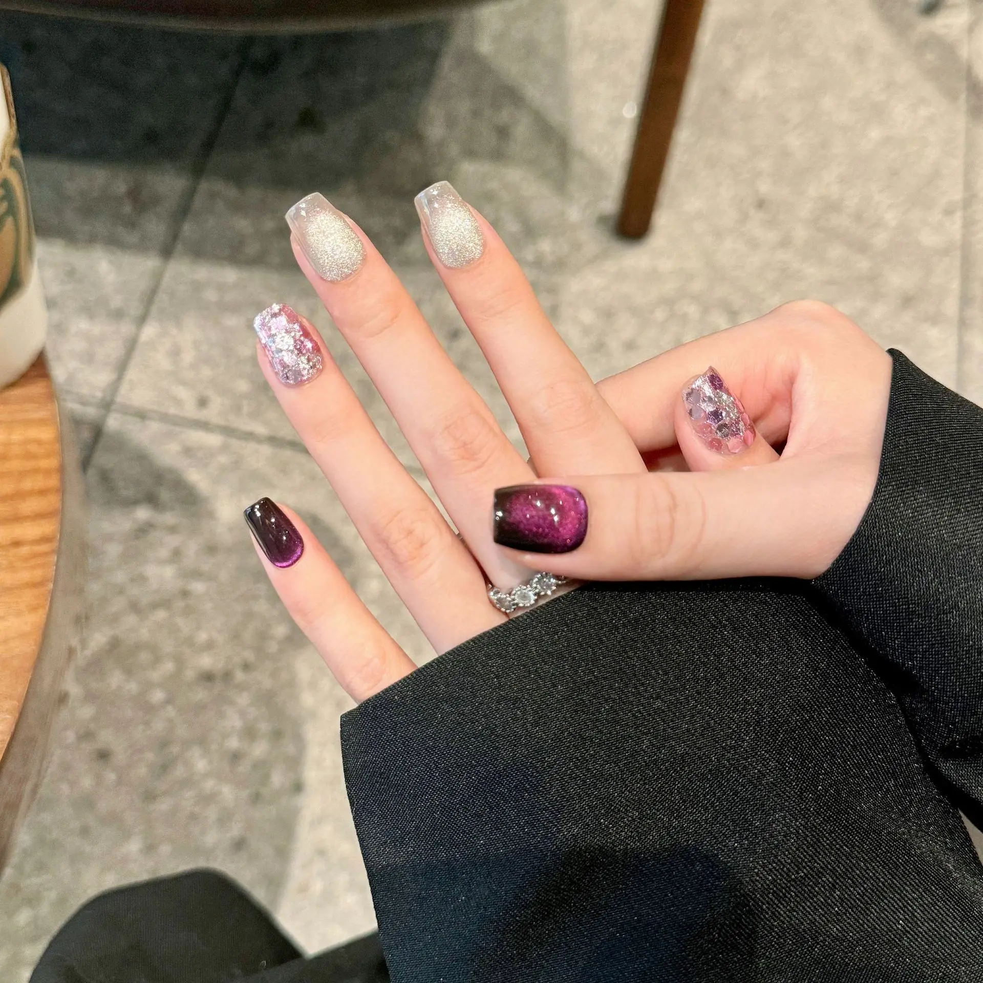 

10 PCS Luxury Handmade Press on Nails Short Ballet Brilliant purple cat's eye Design with 3-PIECE Tool Adhesive Nail Glue Tabs
