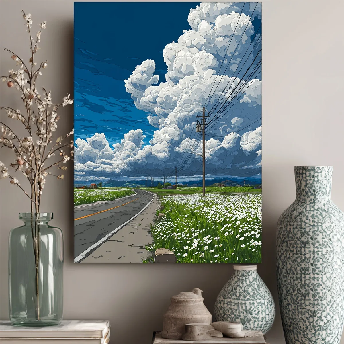 (No frame)1pc Manga Style Framed Wall Art Poster - 12x16 Inch Scenery Roadside Flower Field & Cloudy Sky Landscape, /Hook Ins