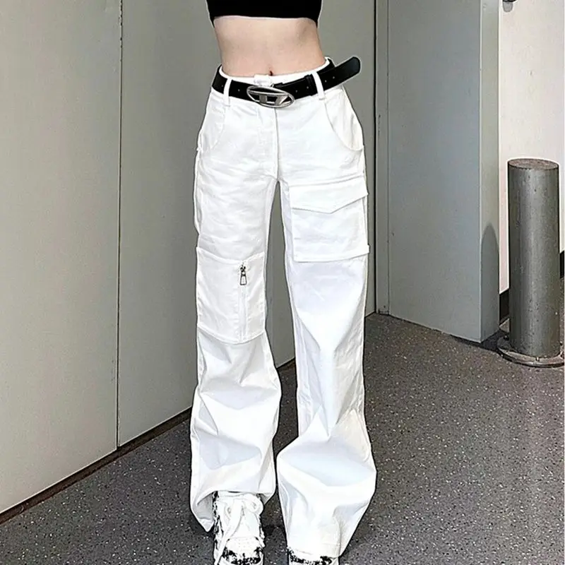 

Женские белые рабочие брюки в стиле ретро с карманами на молнии, уличные хип-хоп Y2k, американские повседневные брюки прямого кроя с высокой талией, модные