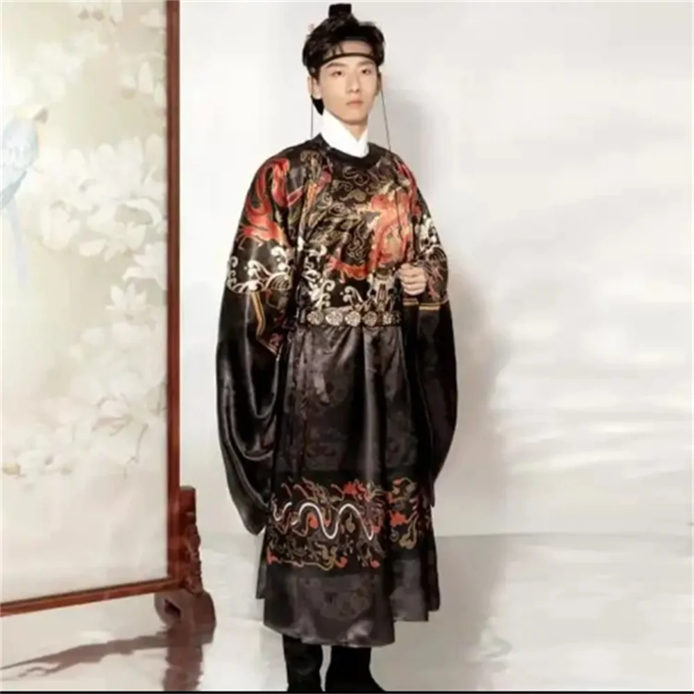 

Black male Hanfu traditional Chinese style high quality weaving gold Ming Dynasty round neck robe horse skirt summer daily cloth