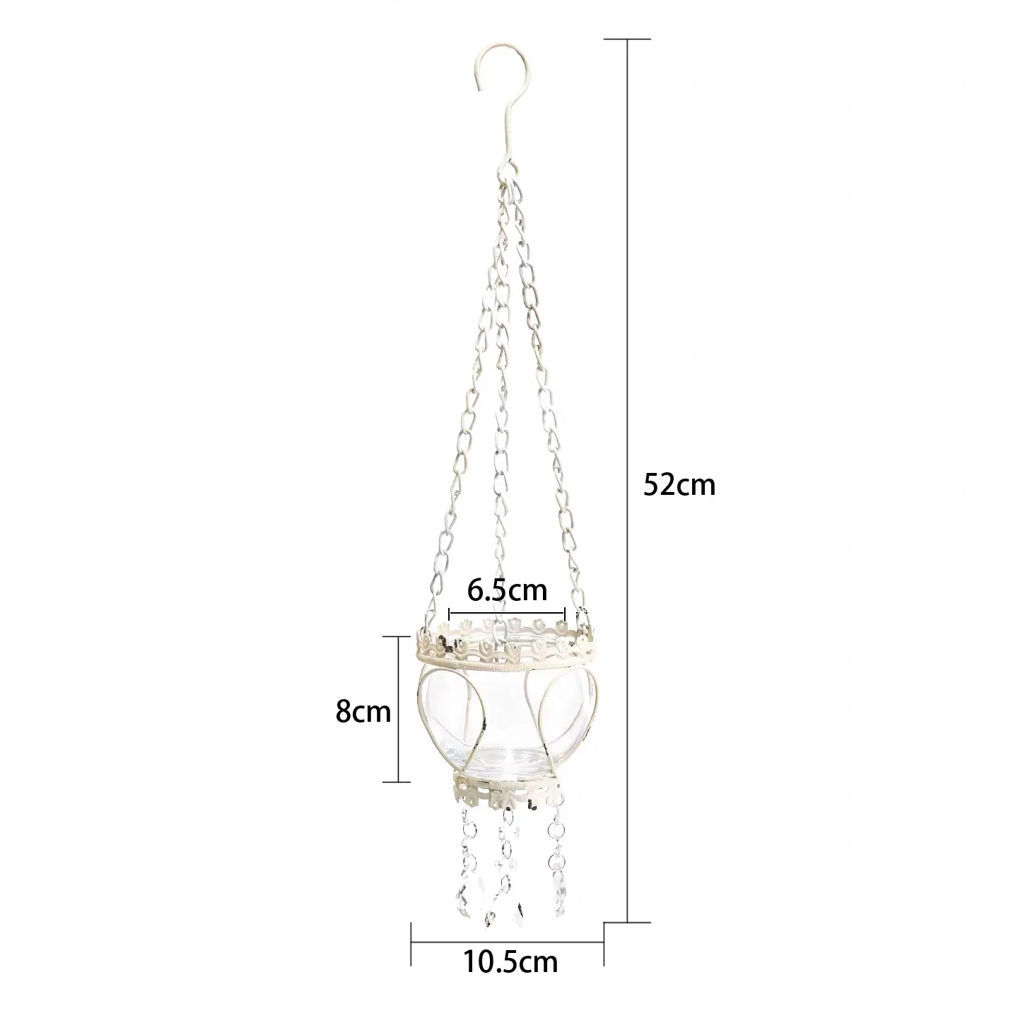 Hanging Glass Candle Holder, Vintage White Iron with Crystal Accents, 52cm Height, Decorative Lantern with Chain
