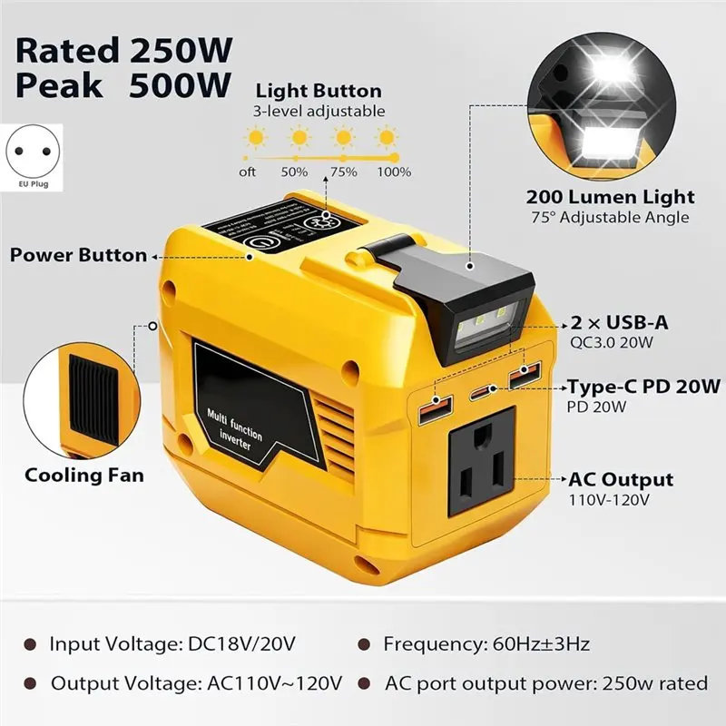 【A56X】250W Power Inverter For Dewalt 20V Battery, 200LM LED Light, For Camping Emergency Job Site EU Plug