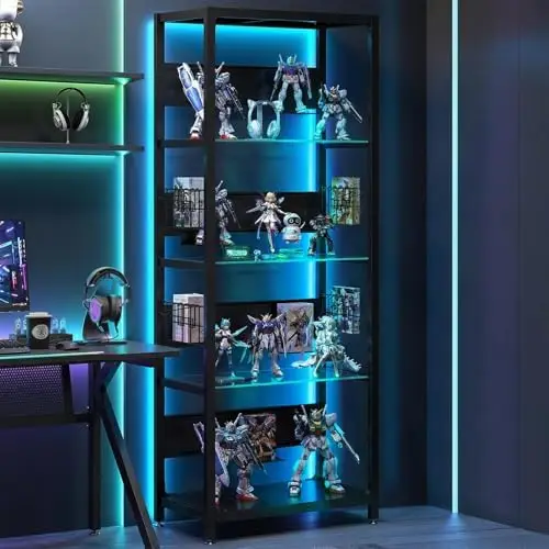 65" Tall Display Case with LED Lights, Corner Display Cabinet with Glass Storage Shelves and Hooks, Industrial 4-Tier
