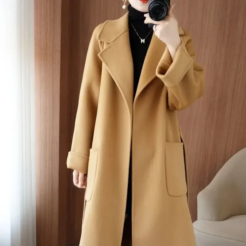 

2023 New Women Autumn Winter High End Double Sided Cashmere Coat Loose Leisure Time Thickened Outwear Woolen Long Style Overcoat