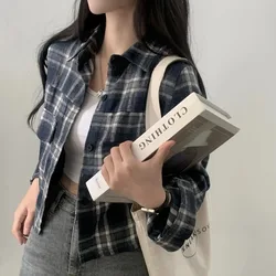 Western Sle Age-Reducing Top Women Retro Lapel Plaid Shirts High-Grade Sense Wear Small Short Long Sleeve Shirt Autumn 2024