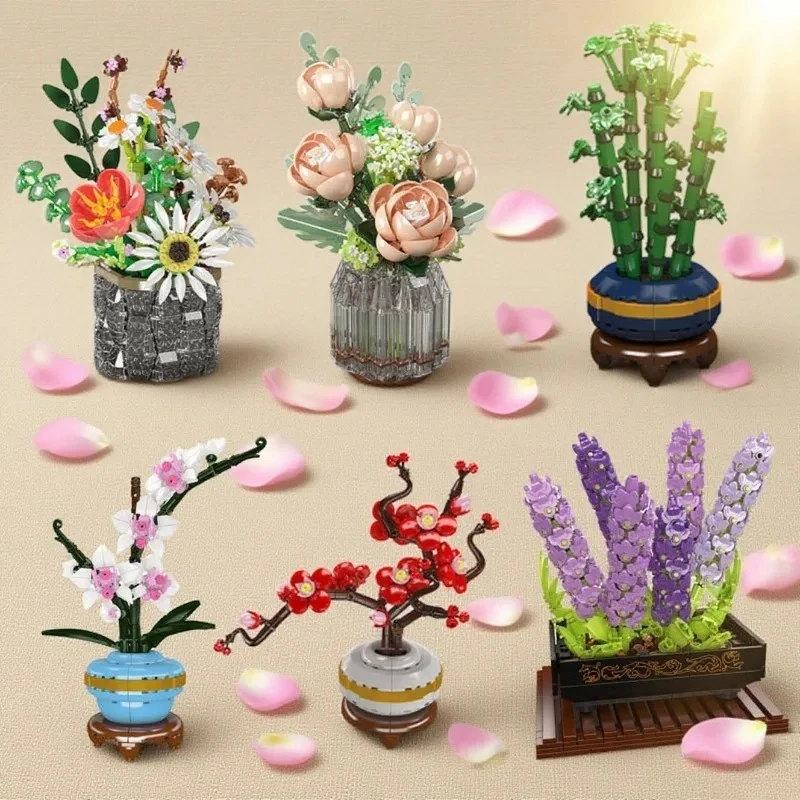 

Букет вечных цветов, хризантемы, розы, фиолетовой орхидеи, цветы сливы, бамбуковые строительные блоки, бонсай, ботанические подарки для девочек и детей