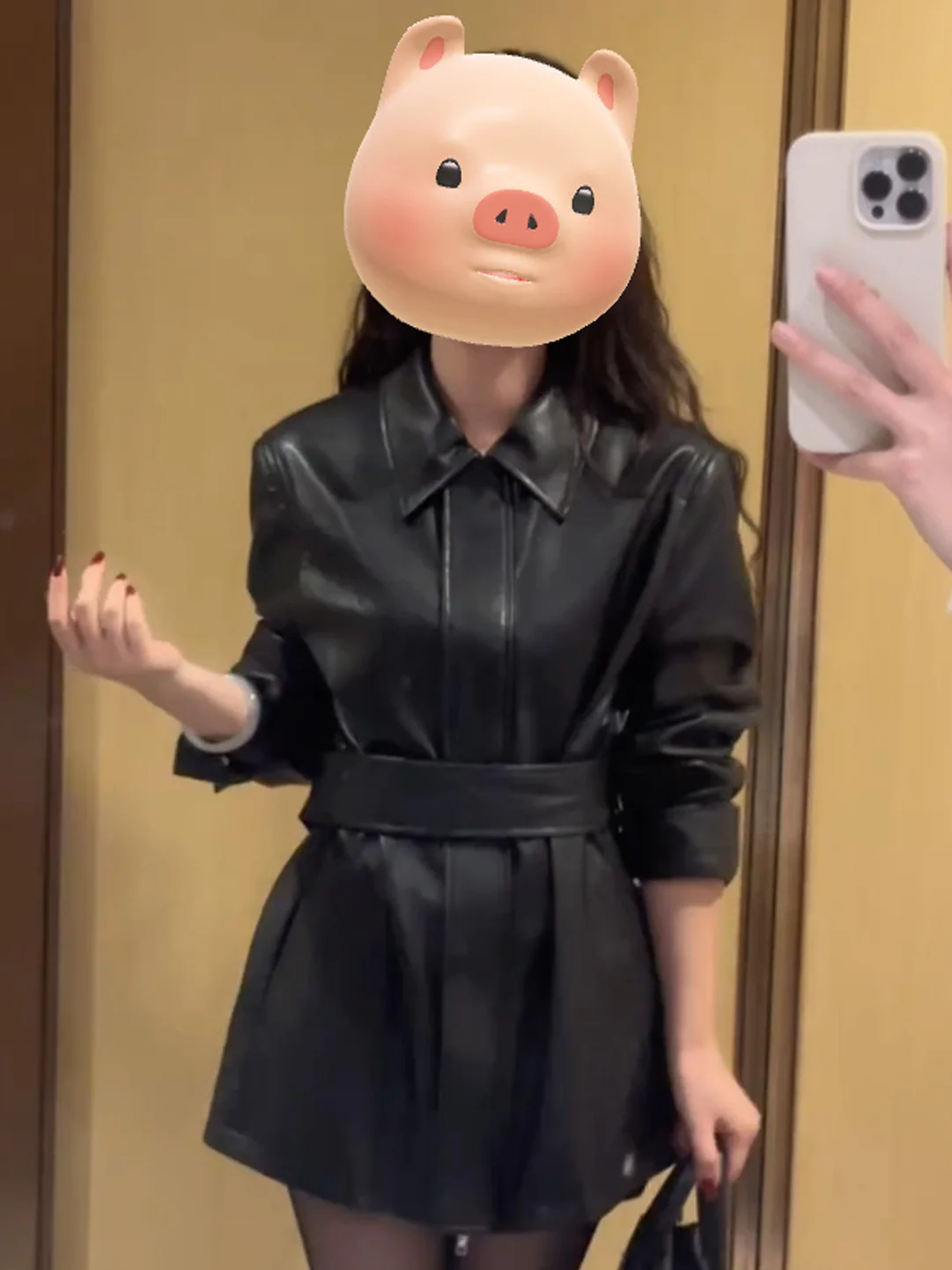 

Элегантная кожаная куртка средней длины с эффектом утяжки талии, женская модная черная универсальная повседневная верхняя одежда