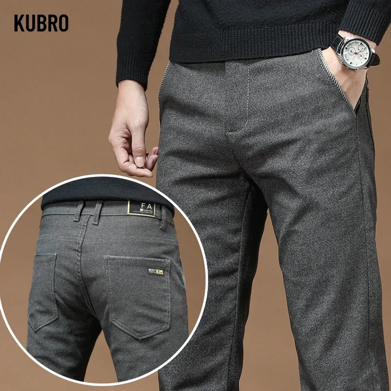 KUBRO 2024 New Men\'s Winter Warm Casual Pants Outdoor Thick Warm Fleece Lined Windproof Waterproof Straight Golf Trousers