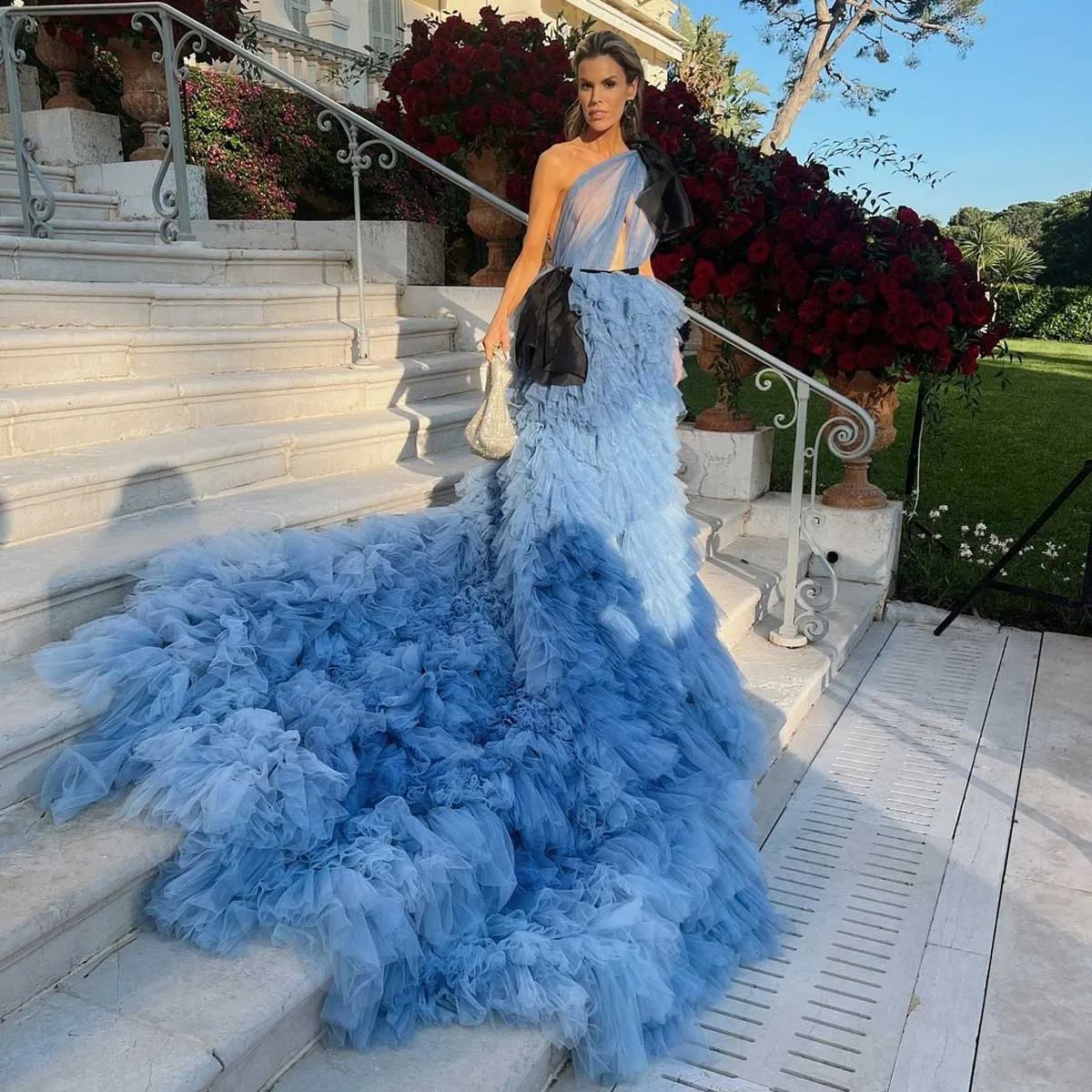 Romantic Blue Tiered Bridal Dress Handmade Ruffled Tulle Celebrity Party Dresses One Shoulder Cascading Formal Dress Photoshoot