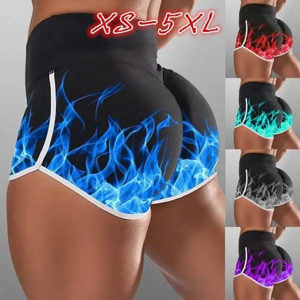 

High Waisted Flame Printed Running orts Women's High Waist Tummy Control Slimming Capri Pants Polyester Fabric Butt Lifting