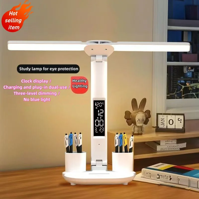 Super Bright Night Desk Lamp with 180° Rotation Touch Control Pen Holder And Time Temperature Display for Reading