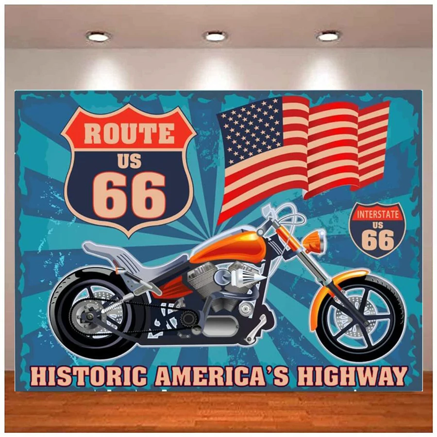 

Vintage Route 66 Photography Backdrop Historic America's Highway Flag Motorcycle Blue Stripes Background Birthday Party Decor