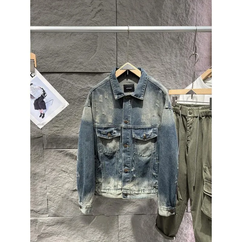 

Retro Distressed Men's Ripped Denim Jacket Turn Down Collar Single Breasted Long Sleeves Cowboy Jackets Buttons Coat Tops