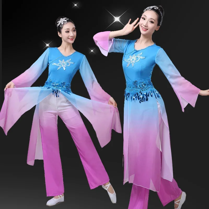 Woman Gradient Ink Water Sleeves Costumes Chinese Traditional Classical Dance Clothes Long Sleeves Hanfu Ancient Dance Women