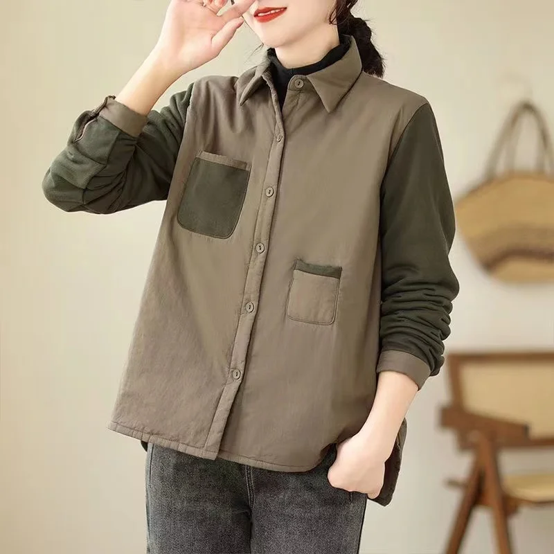 

Literary Patchwork Women Cotton-Padded Shirts 2024 New Autumn Winter Office Lady Light Weight Age-reduced Bottom Quilted Blouses