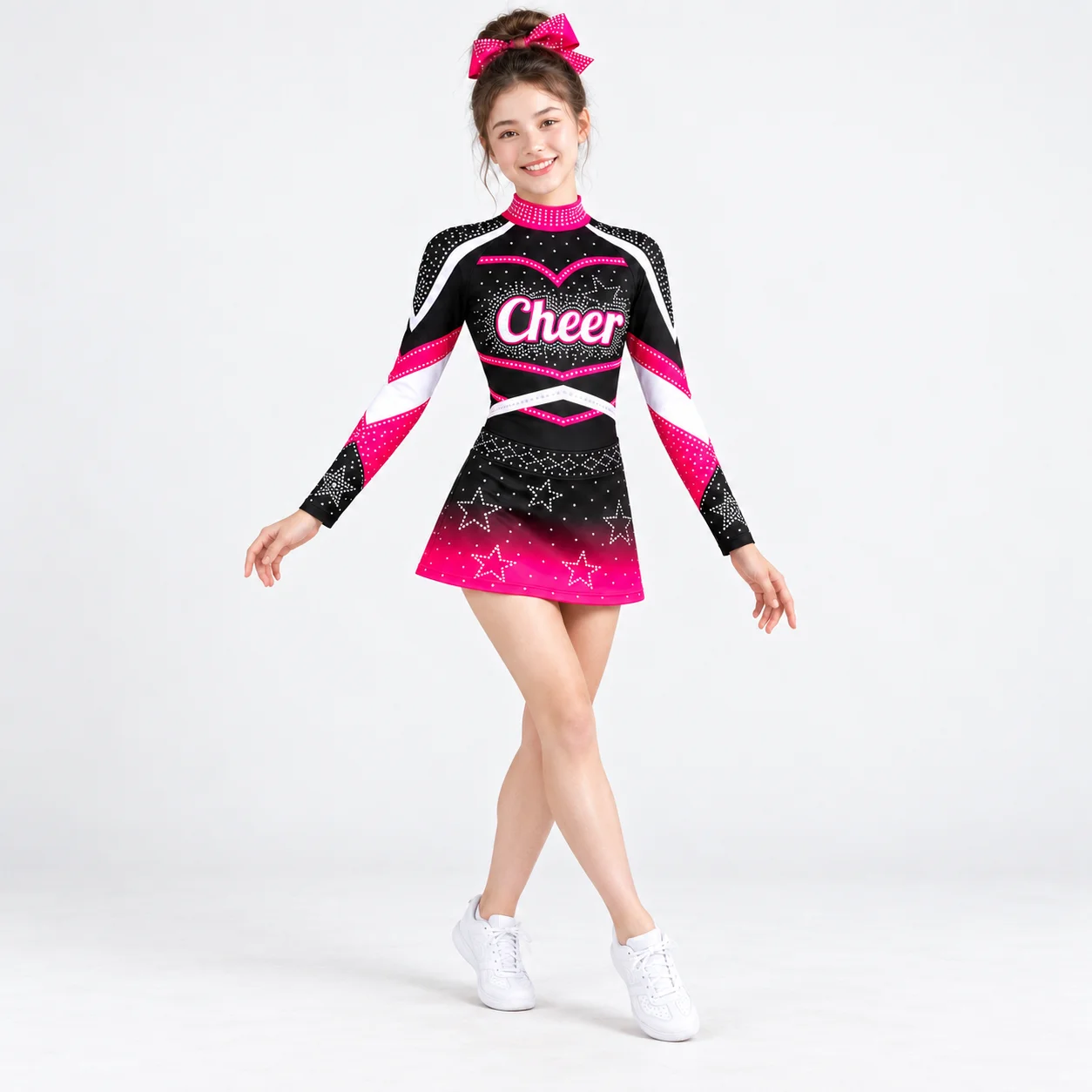 Girls Black Hot Pink Rhinestone Cheerleading Dress Long Sleeve Mock Neck Star Ombre Skirt Youth Dance Team Competition Costume