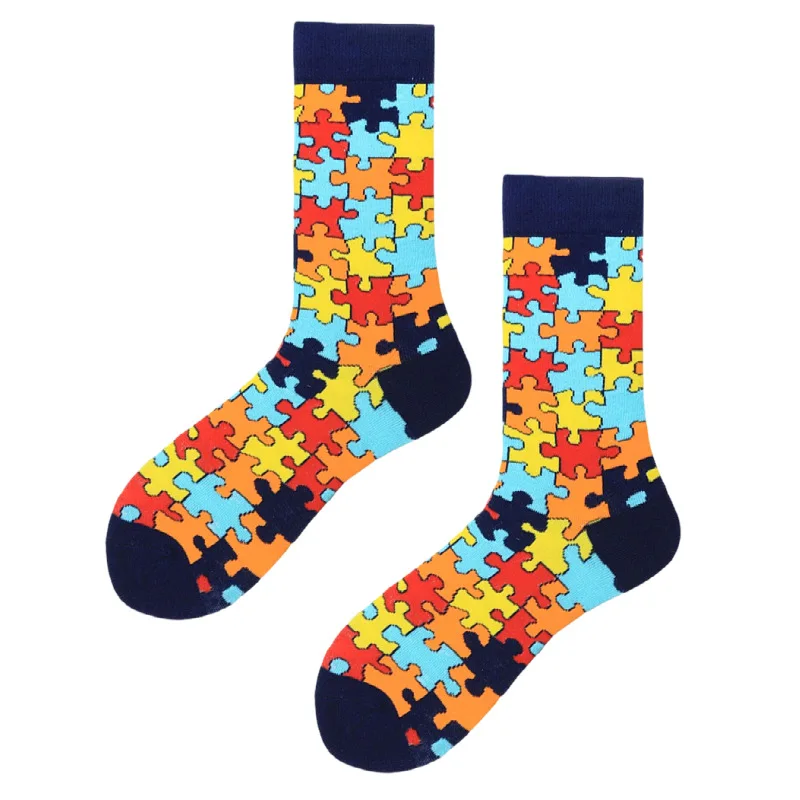

1/2 Pairs Neutral Unique Puzzle Printed Mid Tube Socks Fashionable Street Style Soft Comfortable All Seasons Couple Leisure Sock