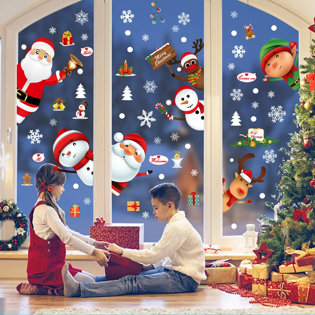 Merry Christmas Wall Stickers Santa Claus Reindeer Snowflakes Window Glass Wall Decals New Year Home Decoration Murals