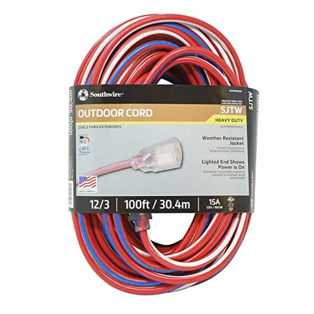 100Ft 12 Gauge 3 Conductor Patriotic Contractor Extension Cord Water Resistant Flexible Jacket Indoor Outdoor Jobsites Workshops