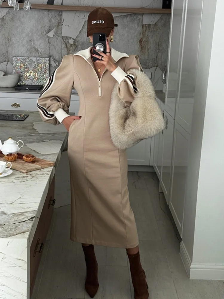 Retro Striped Color Blo Hoodie Dr Women's Winter New f Zipper Wrap Long Skirt Korean Sle Casual Streetwear