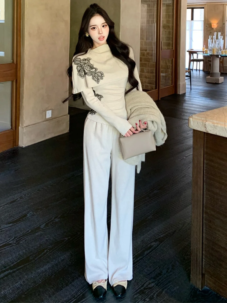 Elegant Chinese Style Knitted Top with Embroidery High Waist Wide Leg Pants Women's Fashion Set Breathable Medium Thick Autum...