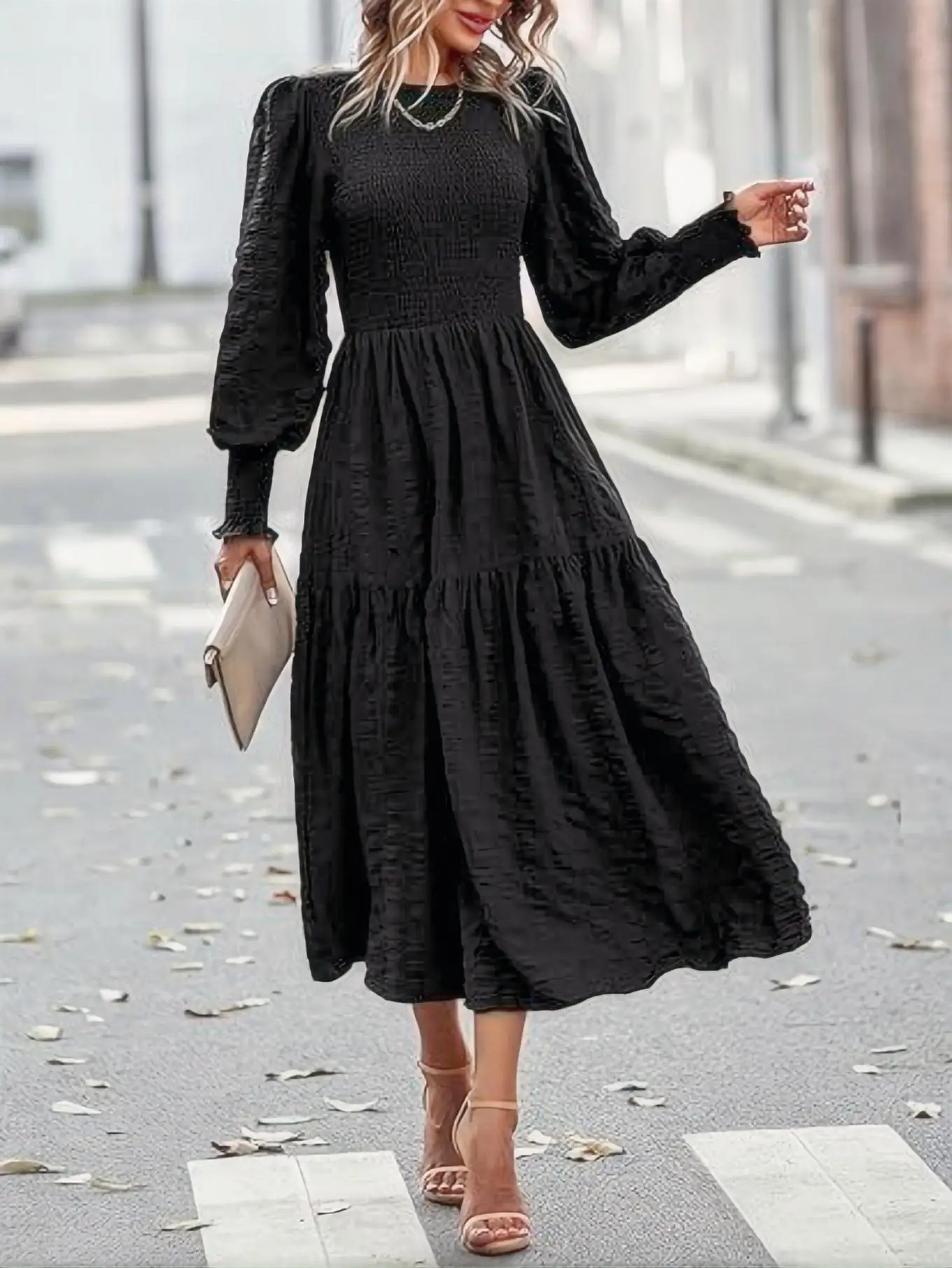 2024 AliExpress Autumn/Winter New Women\'s Bohemian Style Round Neck Lantern Sleeve Long Sleeve Long Skirt Idle dress