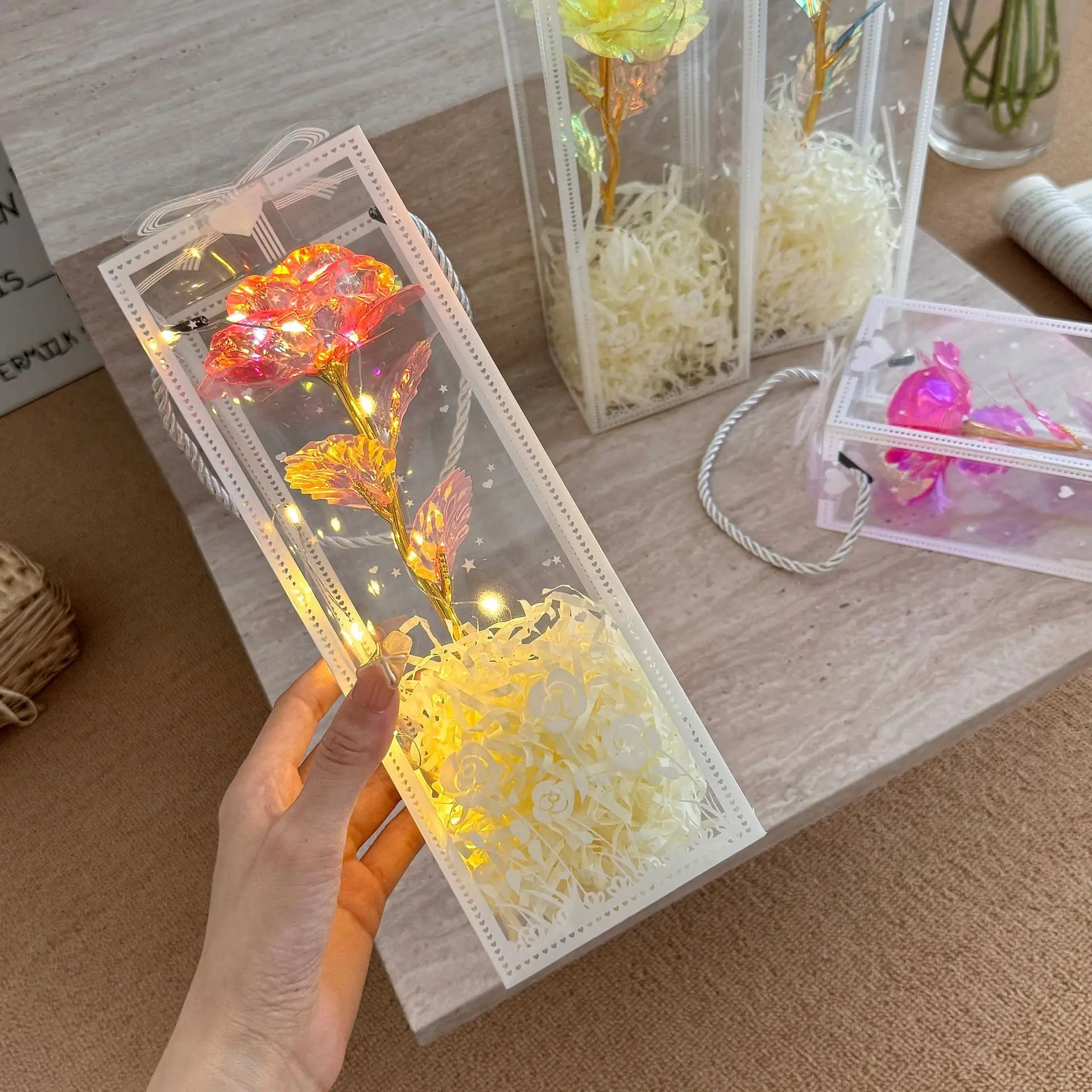 New Colorful Sparkling Rose Artificial Flower Led Light Simulated Rose Flowers With Packaging Box Ornament Valentine'S Day Gift