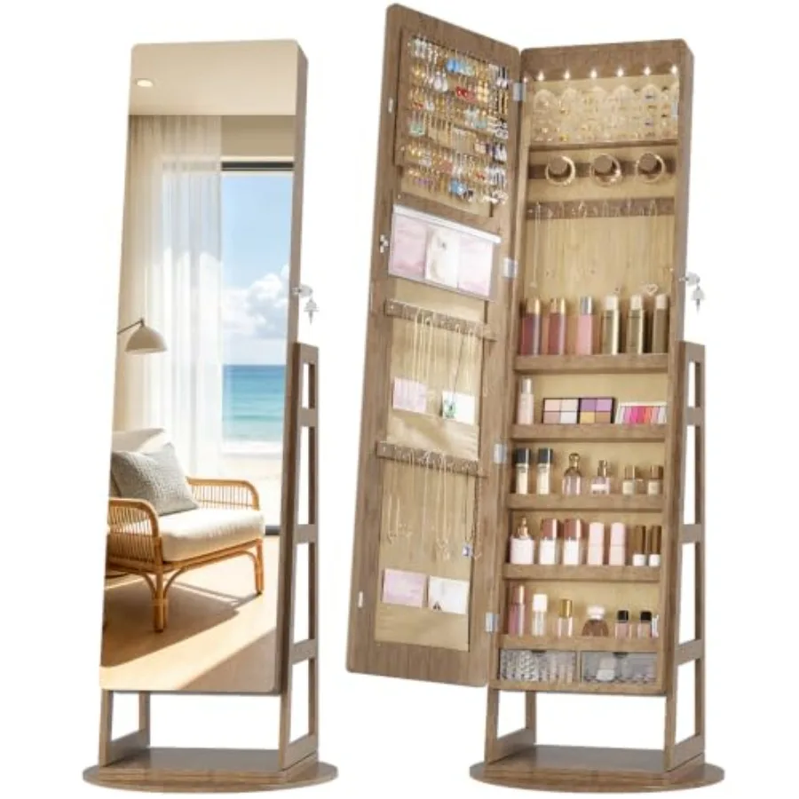 Standing Jewelry Mirror Organizer 6 LED Swivel Jewelry Cabinet Framelss Full Length Mirror with Jewelry Storage, Lockable Jewel