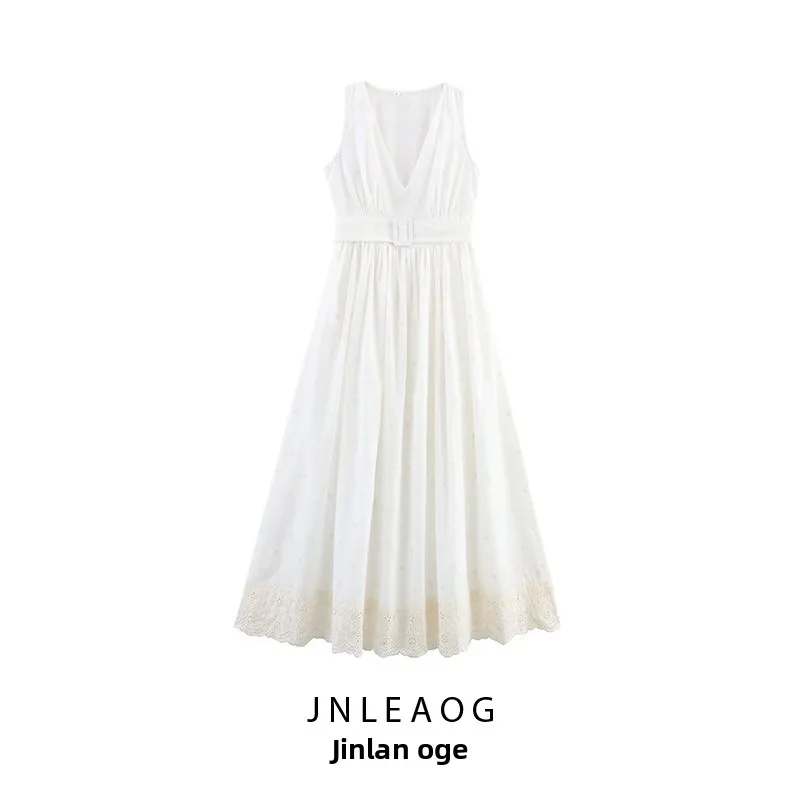 

Ele V-Ne Svel Embroidered Long Dr Women's Faion Design Autumn New Sle High Waist Maxi Skirt Polyester Fiber