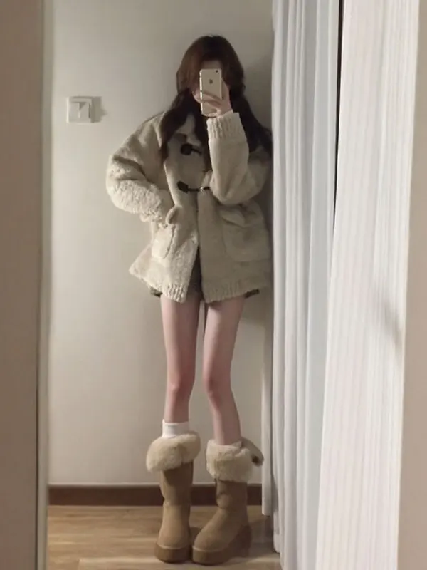 

Korean Sle Lamb Fur Collar ort Jaet Loose Faionable Winter Outerwear for Small Figures Warm And Sli Top