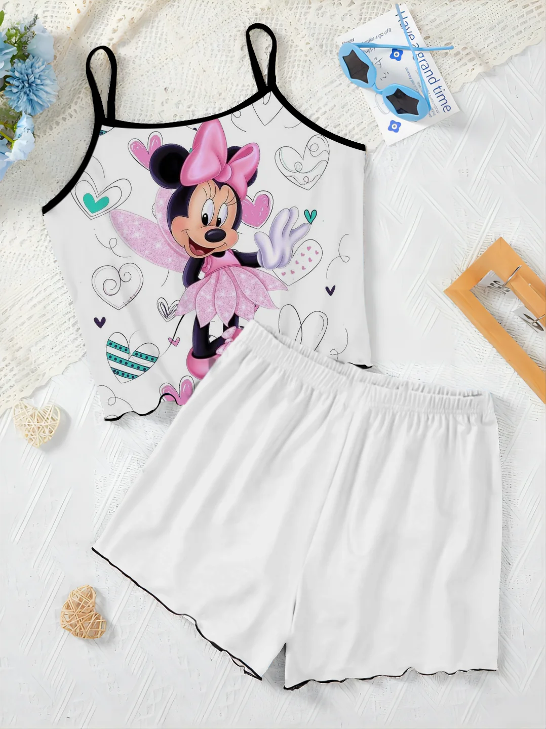 Women's Suit Home Dress Top Mickey Minnie Mouse T-shirt Pajama Skirt Lettuce Trim Disney Short Sets Pieces Elegant Disney Mickey