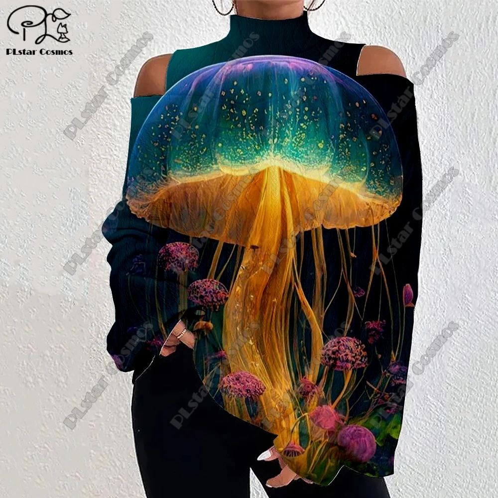 3D printed colorful mushroom hallucinogenic pattern women's lantern sleeves off-shoulder texture casual long sleeves
