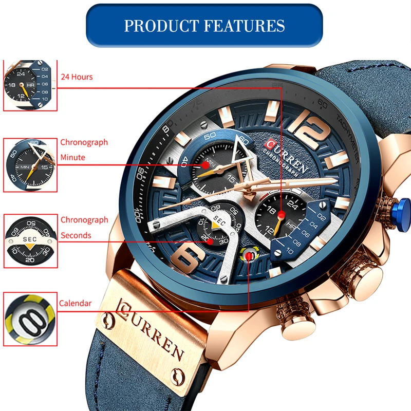 CURREN Watch for Men Blue Casual Sports Watch Fashion Luxury Leather Chronograph Quartz Waterproof Clock relógios masculino