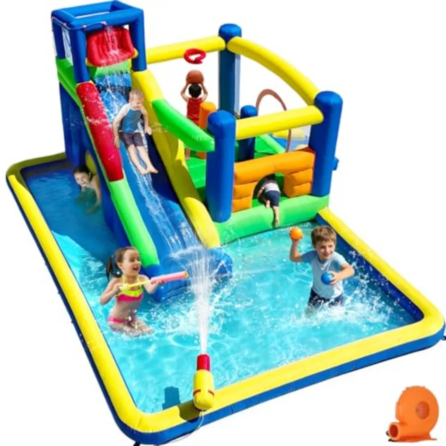 

Inflatable Water Park Bounce House for outdoor use, PVC material, blue and yellow, includes splash pool, slide, climbing wall,