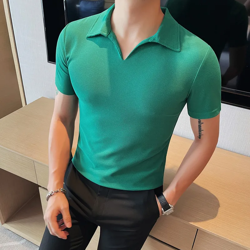 

2023 Summer Short Sleeve V-neck POLO T Shirt Men Solid Color Slim Fit Casual T-shirt Fashion Business Polo Shirts Men Clothing