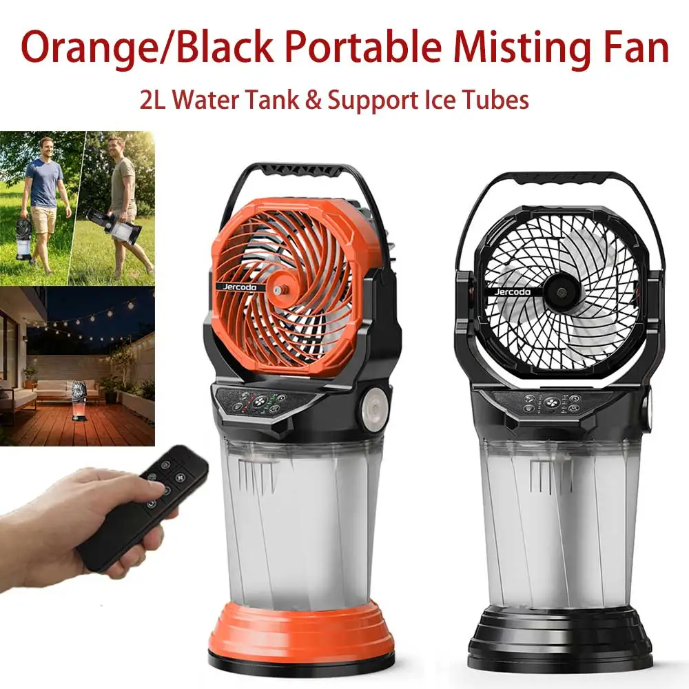 

JERCODA Portable Misting Fan Outdoor Camping Wireless Fan, Rechargeable 4 Speed Adjustment 5 Lighting, Power Display with Remote