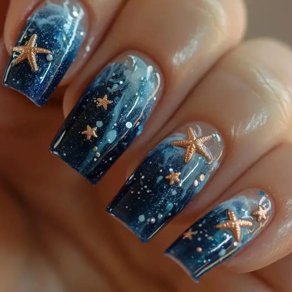 

24pcs Ocean Blue False Nails Emboss Starfish Fake Nails with Dreamy Butterfly Flowers Press on Nails Fun Summer Square Nail Art