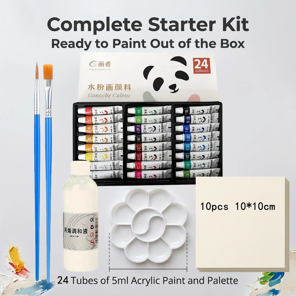 Watercolor Paint Set 12/18/24 Colors 5ml Each with Palette 10 Sheets 10x10cm Watercolor Paper 2 Oil Brushes Acrylic Blending Liq